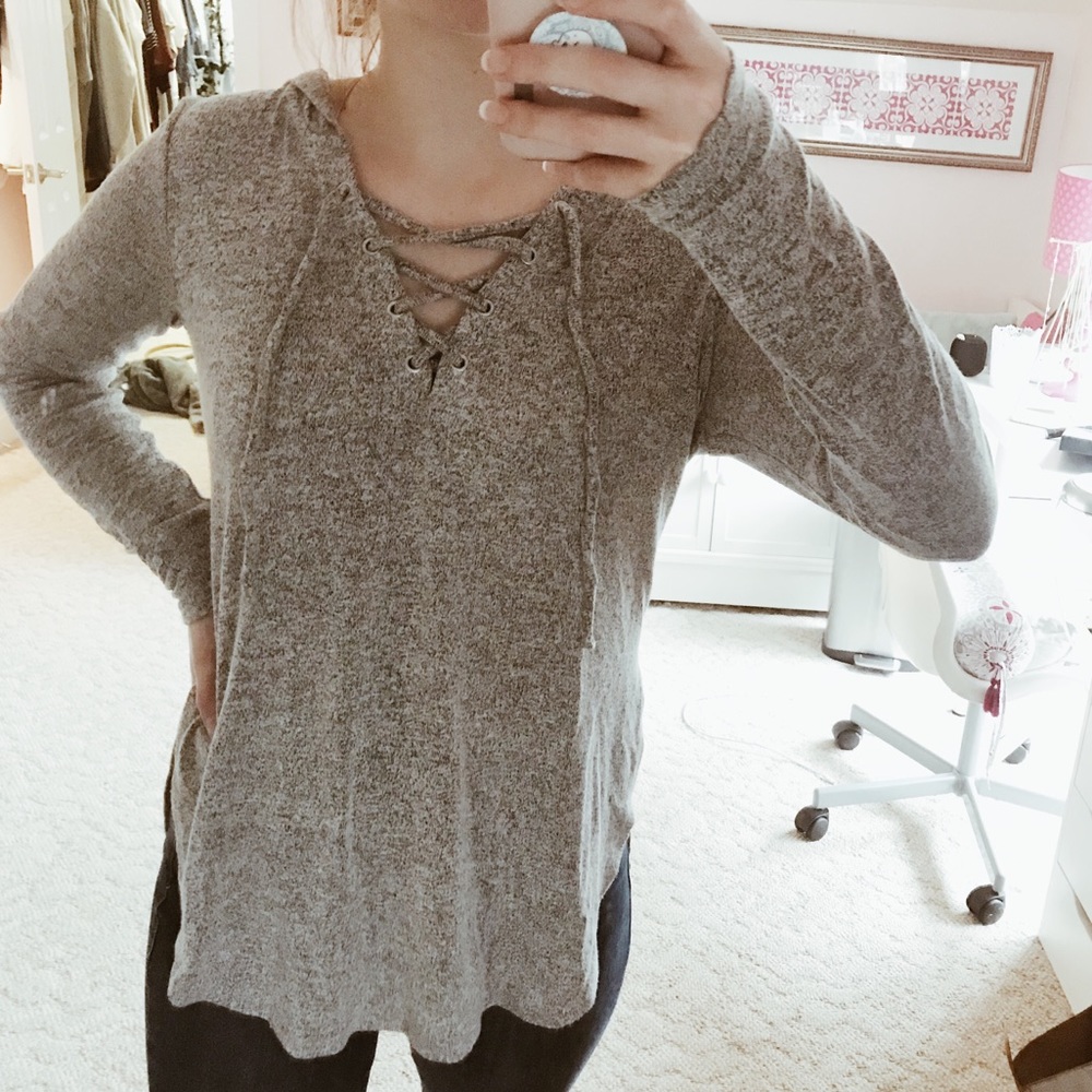 Lace Up Sweater with Hoodie